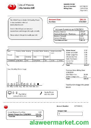 USA Arizona City of Phoenix business utility bill template in Word and PDF formats